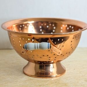 Vintage Teleflora Copper Collander Heart Shape Holes White Porcelain Handles